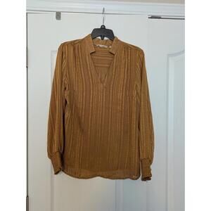 Soft Surroundings Top Women's Medium Gold Shimmer Stripes Ruffle Blouse Peasant